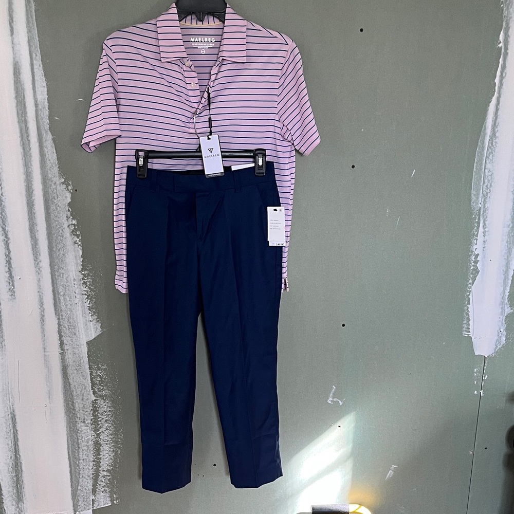 Pink Striped Polo Shirt and Navy Pants Set